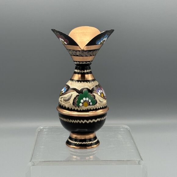 Vtg Copper Ornate Etched Hand Painted Bud Vase Decorative Hair Pin Holder Vanity - Picture 6 of 8